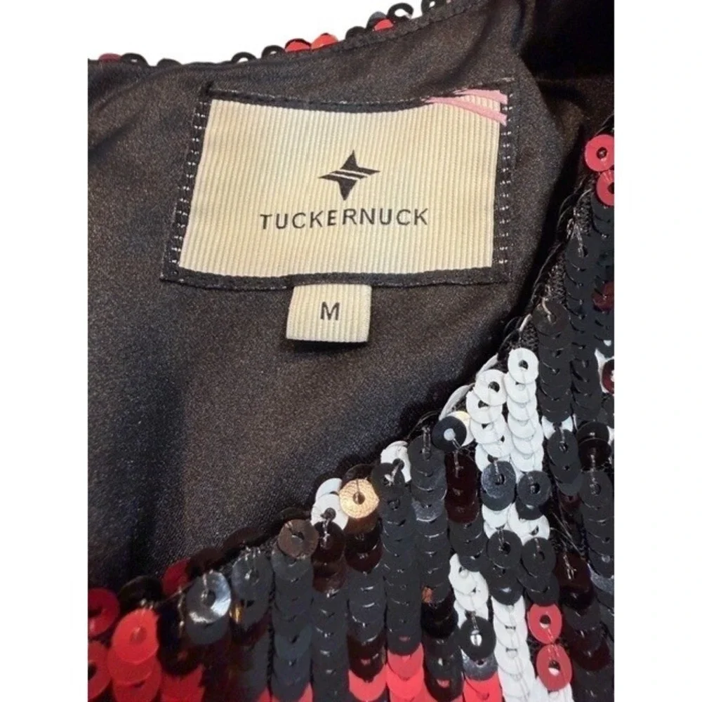Tuckernuck Womens Medium Red Sequin Tartan Plaid Shift Dress 3/4 Sleeve Mini - Picture 7 of 9